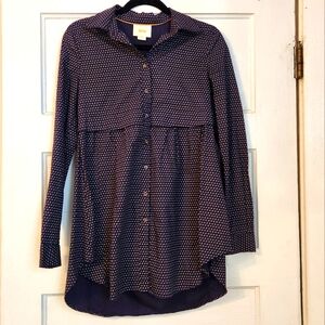 Maeve Anthropologie Tunic Shirt, Polka Dot Button Down Navy Blue White EUC Sz XS